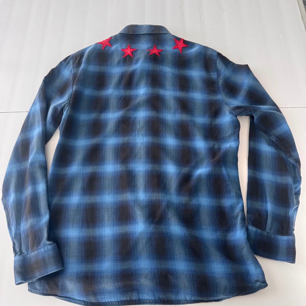 Givenchy Paris Blue Plaid Red Star Embroidered Shirt 41 17F 6010 335 Mens - Picture 7 of 10